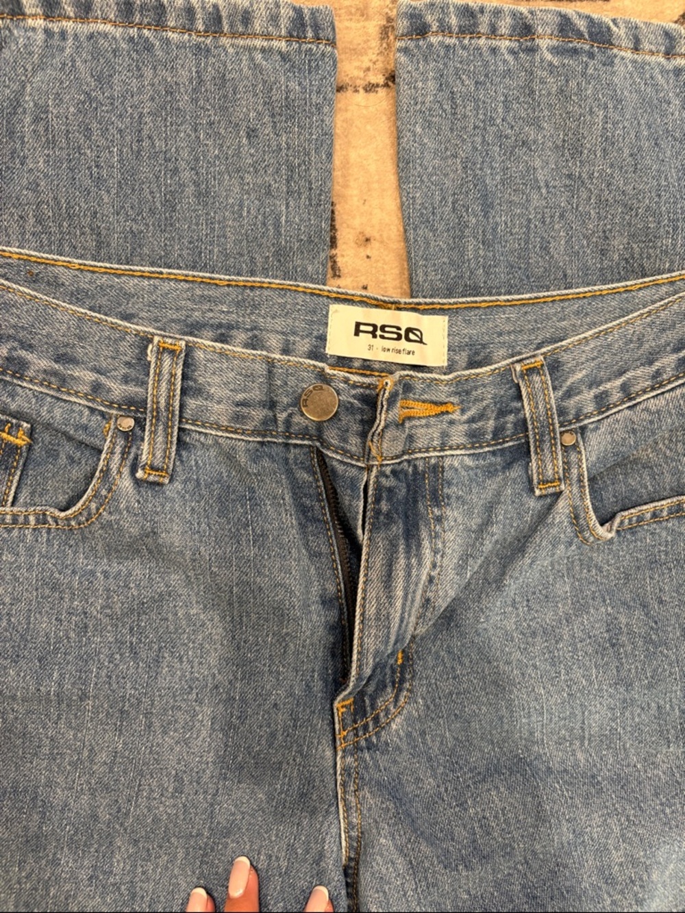 Y2K style RSQ Light Blue Denim Jeans/Yellow Contrast Stitching? Low rise flare - Picture 2 of 5